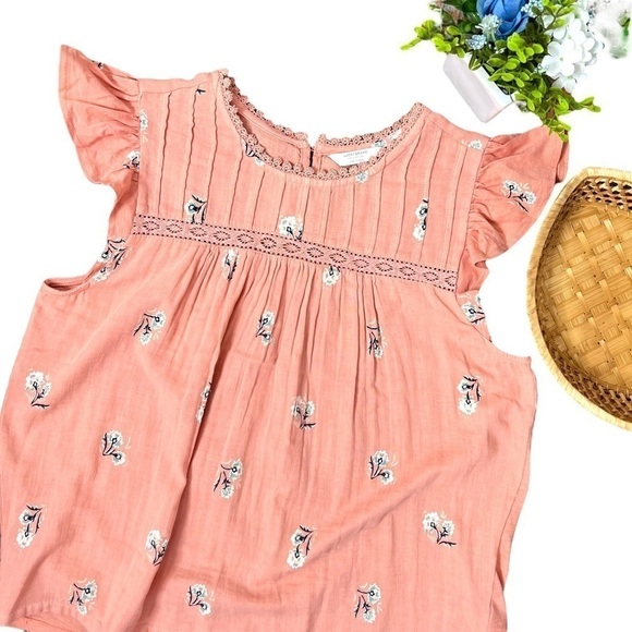 Lucky Brand Pink Crochet Floral Top Pleated Bodice Flutter Sleeve Size Large - Picture 17 of 17